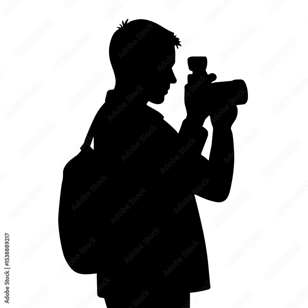 Young man taking photo with camera and backpack on concept of Photographer's Day Young man taking photo with camera and backpack on concept of Photographer's Day