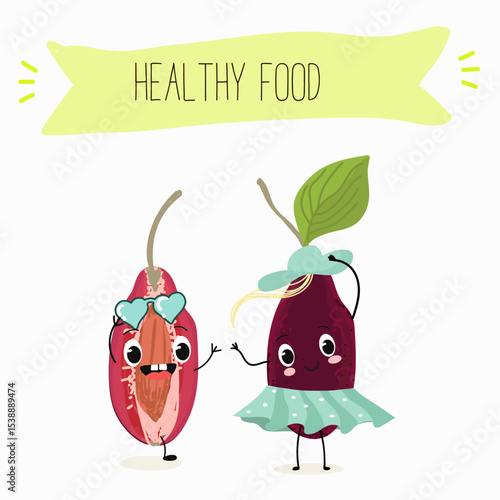 Cherry, fruit, dogwood, cornelian, cornus, funny cheerful characters. Vector hand drawn  illistration.