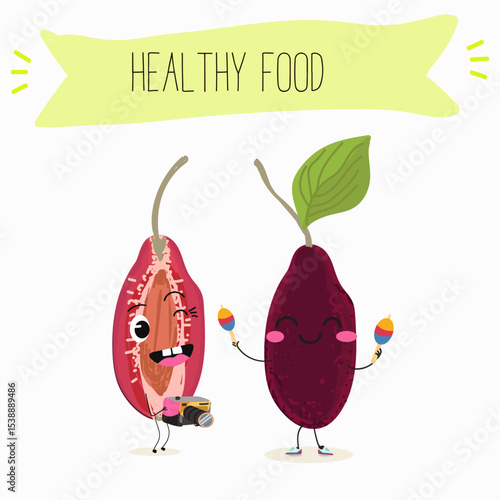 Cherry, fruit, dogwood, cornelian, cornus, funny cheerful characters. Vector hand drawn  illistration.