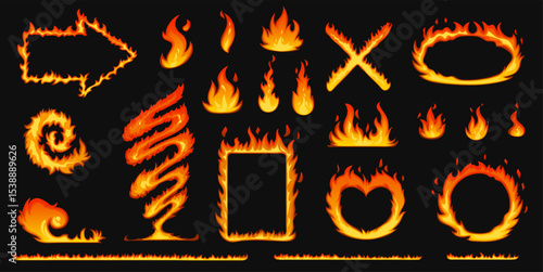 Vector illustration of a fire-themed set including flaming borders, fire arrow, and glowing fire lines. Bright, energetic design with dynamic flame effects.