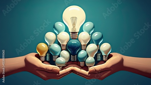 Hands holding a pyramid of glowing light bulbs representing ideas, innovation, and creative solutions on a blue background, vector illustration