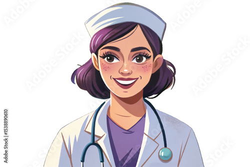 nurse standing with a reassuring smile in white isolated background, symbolizing compassion, healthcare support, patient care, and professional medical service