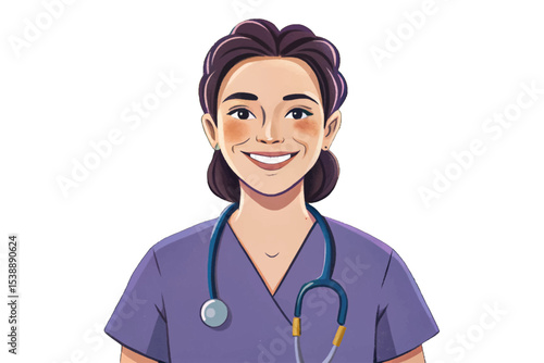nurse standing with a reassuring smile in white isolated background, symbolizing compassion, healthcare support, patient care, and professional medical service
