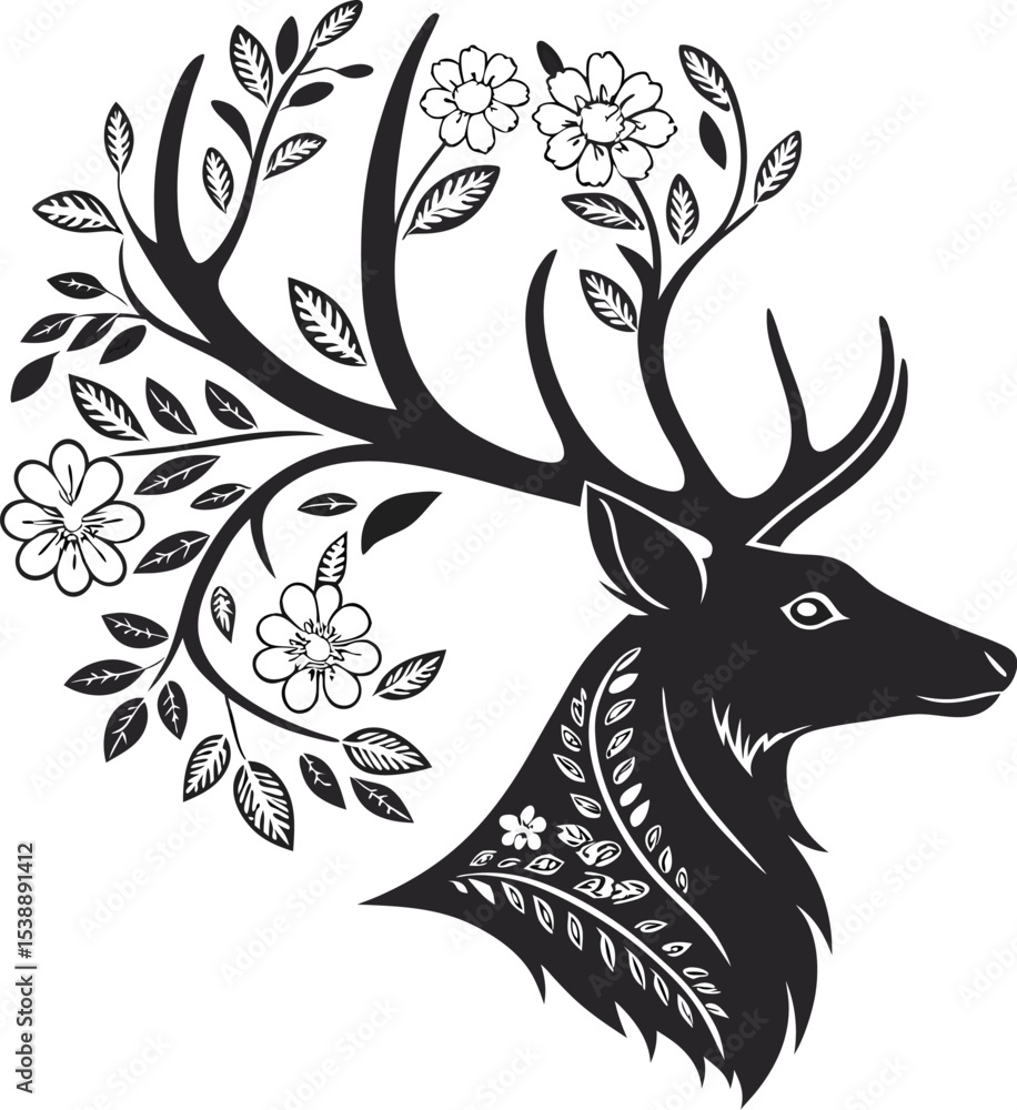 Obraz premium Deer Silhouette with Floral Antlers