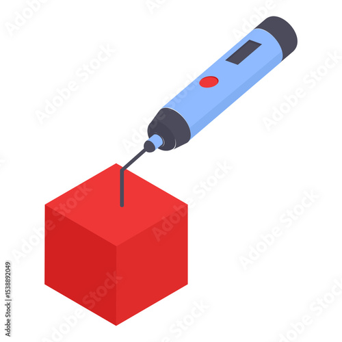 3d cube model is being built using cnc pen concept,  Sculpting Ideas in Real Time vector color icon design, additive manufacturing equipment stock illustration