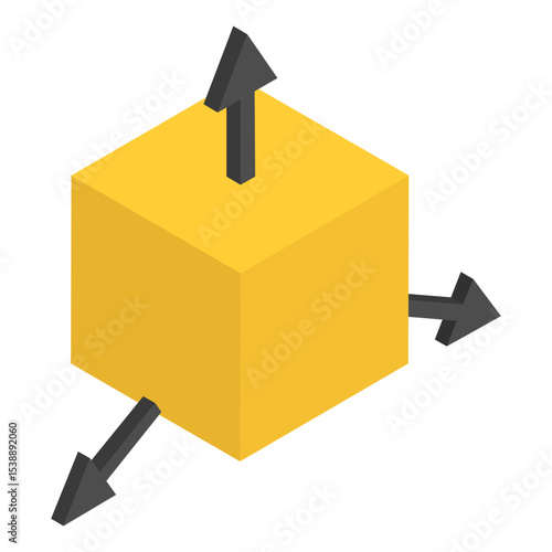 3d printing model cube with three dimension arrows isometric Concept, 3D space orientation or axes reference coordinate vector color Icon design, additive manufacturing equipment stock illustration