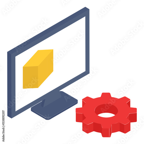 Live preview While cnc building the model on display isometric concept, 3d art work adjustment at cad application vector icon design, additive manufacturing stock illustration