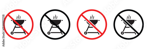 No Grill or BBQ Allowed Sign Set – Flat Vector Icons of Barbecue Prohibition and Chargrill Restrictions