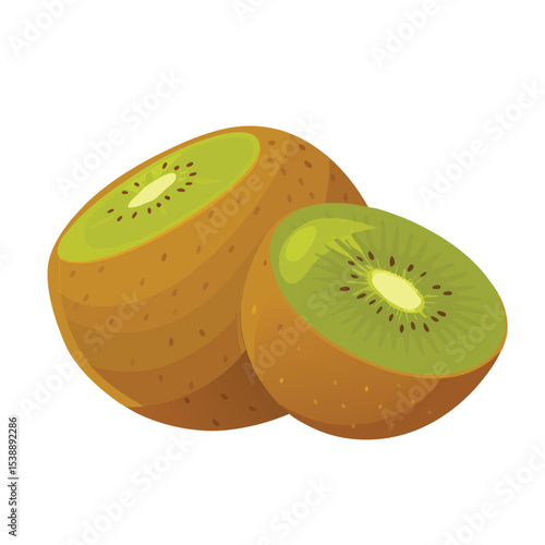 Freshly cut kiwi fruit with green flesh and brown skin isolated on white