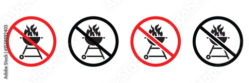 No Grill or BBQ Allowed Sign Set – Flat Vector Icons of Barbecue Prohibition and Chargrill Restrictions