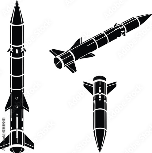 Three Black and White Silhouettes of Missiles Showing Different Perspectives and Angles for Technical Drawings and Design