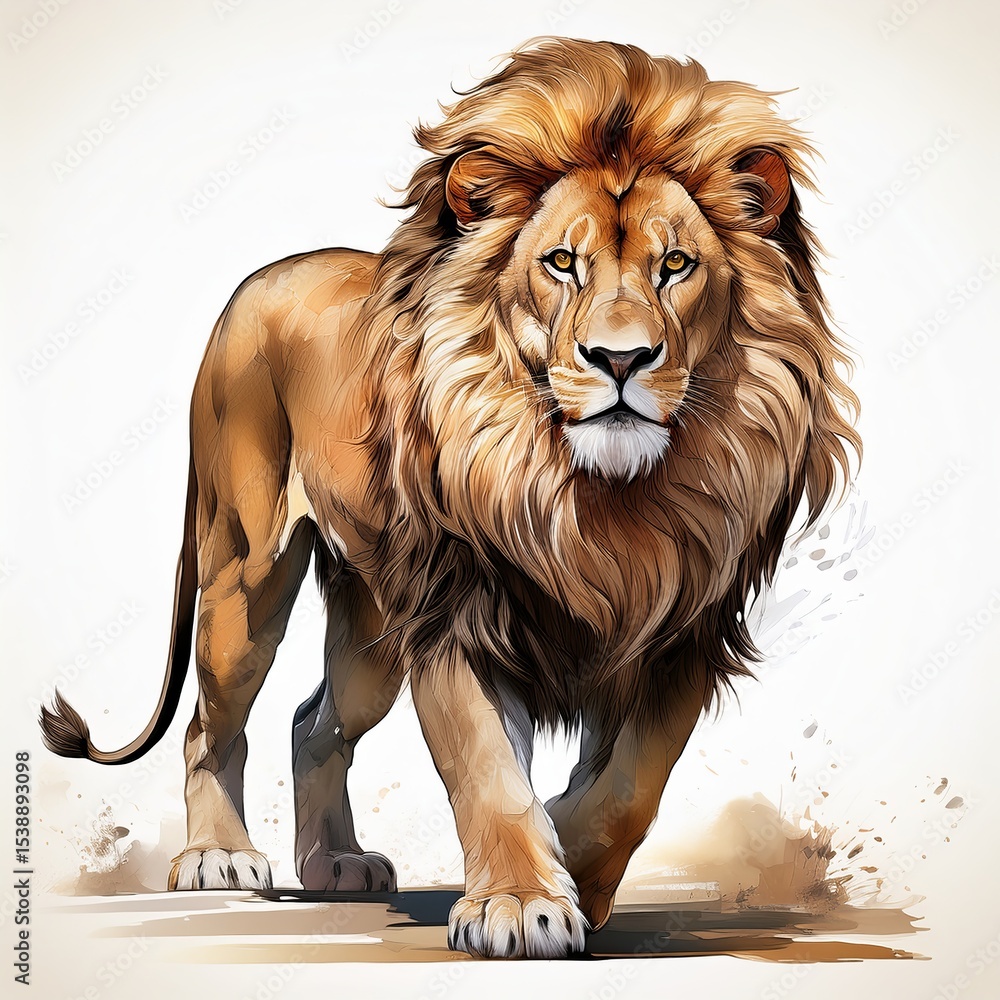 Obraz premium Detailed Digital Illustration of a Majestic Lion Walking Forward, Close-Up Portrait, Animal Artwork, Realistic Rendering, Isolated on White Background