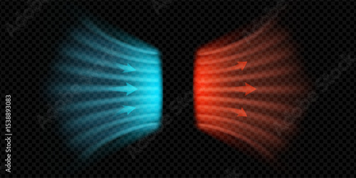 Clean air flow with cold and hot arrows. Blue red wave effect shows HVAC system in motion. Minimal vector style with temperature stream, breeze and purification concept. Transparent background.