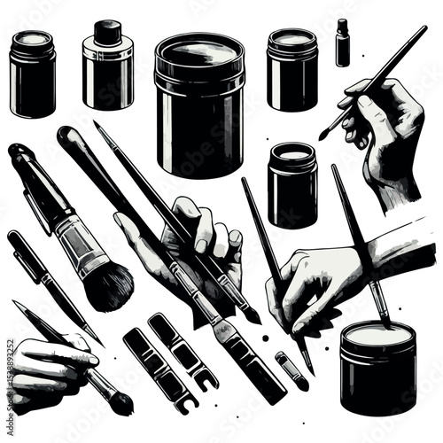 Black Ink Hand Painting Cylindrical Objects vector whith white baground