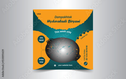 Delicious biryani food, social media promotional posts, design, and an Instagram post template