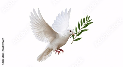 White dove of peace soaring with olive branch symbol of hope

