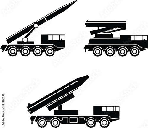 Three Missile Launchers Depicted in Silhouette Each Mounted on a Military Grade Truck for Mobile Capabilities and Deployment Versatility