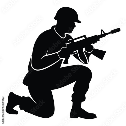 Soldier Silhouette Vector Illustration – Military Personnel, Army Trooper, Patriotism, Security Forces, Veteran Tribute, and Defense-Themed Graphic Design for Military and Patriotic Projects"