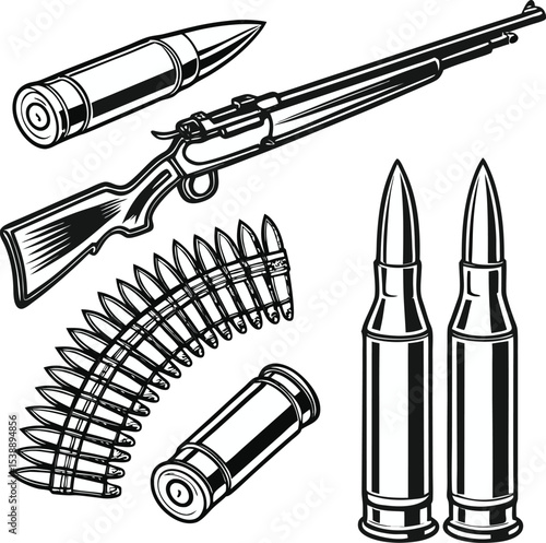 Vintage Firearm Ammunition Vector Graphic Depiction of a Rifle with Bullets and Cartridge Belts