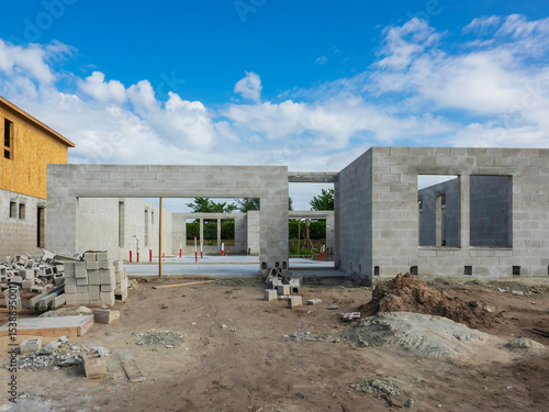 Street view of the concrete shell of a single-family house with a two-car garage under construction next to another new house in progress in a suburban residential development in southwest Florida