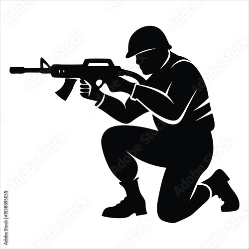 Soldier Silhouette Vector Illustration – Military Personnel, Army Trooper, Patriotism, Security Forces, Veteran Tribute, and Defense-Themed Graphic Design for Military and Patriotic Projects"