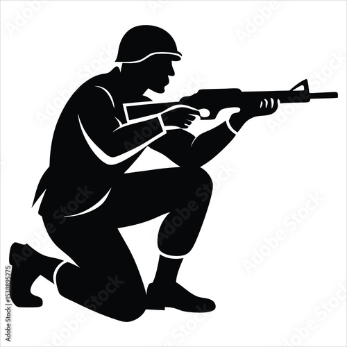 Soldier Silhouette Vector Illustration – Military Personnel, Army Trooper, Patriotism, Security Forces, Veteran Tribute, and Defense-Themed Graphic Design for Military and Patriotic Projects"