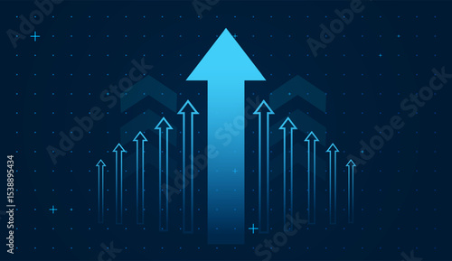 Dynamic up trend blue arrows on dark blue background with small dots on it. A bold, central blue arrow points upward, symbolizing strong growth, ambition, and future success