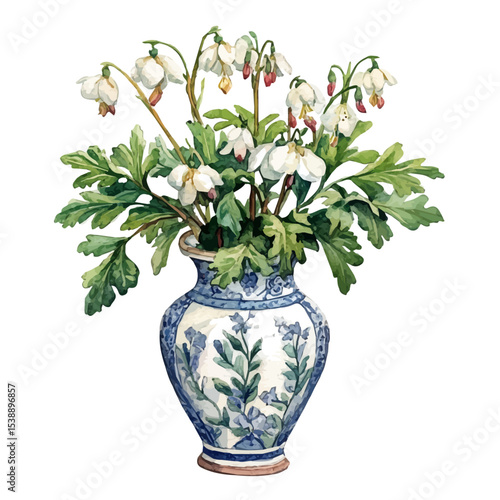 A Dutchmans Breeches In A Vase, watercolor drawing vector, isolated on a white background.