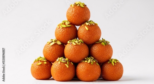 Delicious orange motichoor ladoo sweets arranged in pyramid

