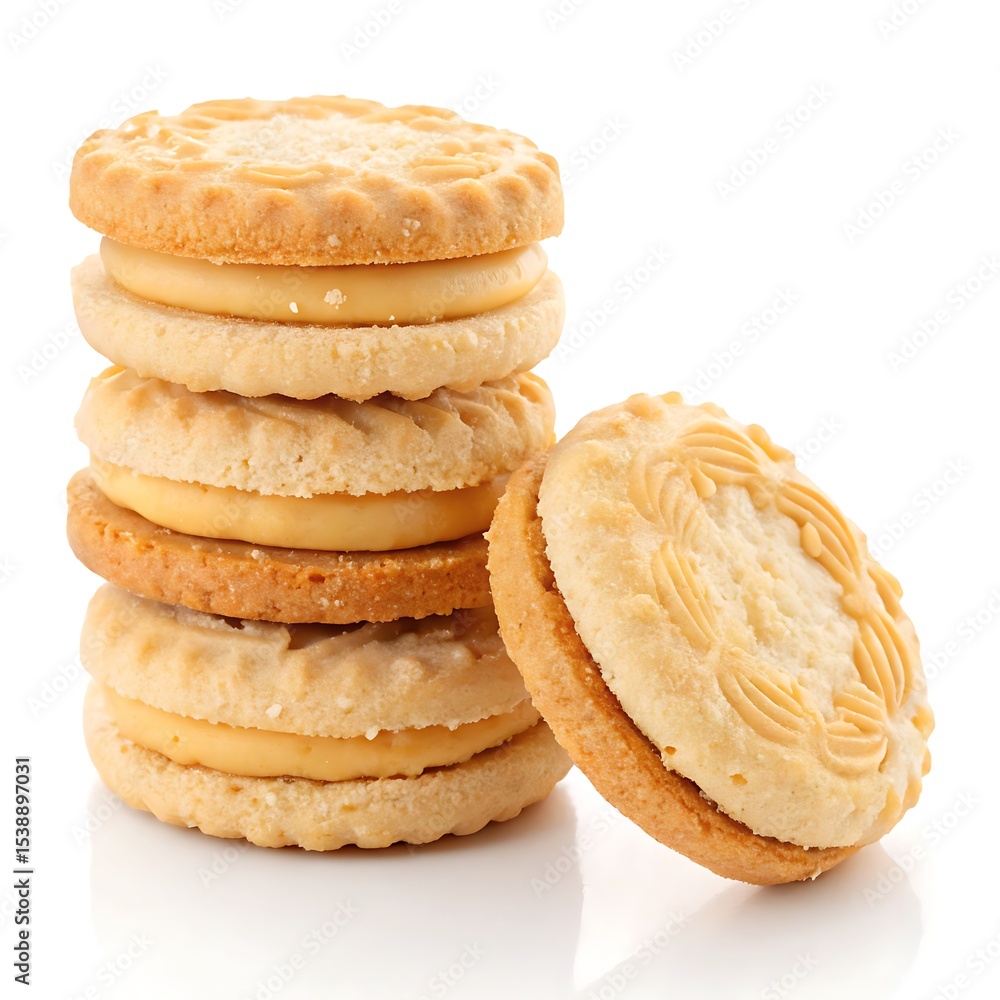 Stack of caramel filled sandwich cookies isolated on white background Stack of caramel filled sandwich cookies isolated on white background