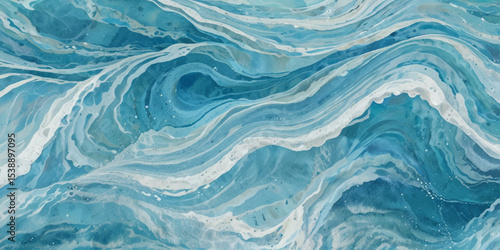 Blue ocean wave background. Blue and white water ocean background. Wavy line background. Hand drawn watercolour ocean background. Vector illustration