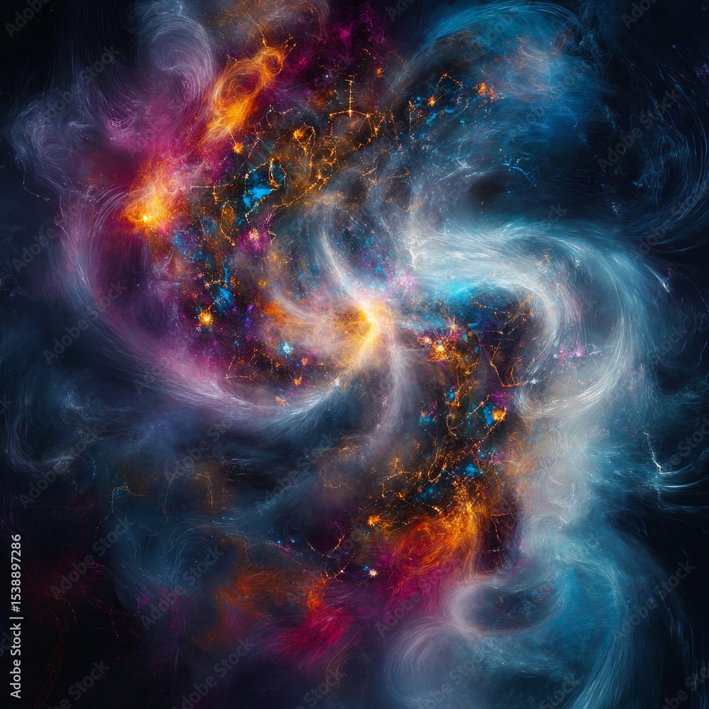 Fototapeta premium Abstract swirling cosmic nebula with vibrant colors and glowing elements in space.