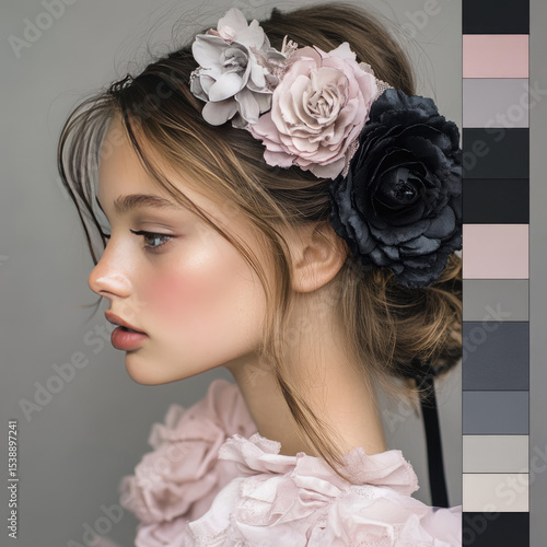 Brunette girl with stylish hairstyle close-up, isolated on light background. Delicate sensual image in silver-black, vanilla palette. Illustration for advertising and interior decor for presentation o