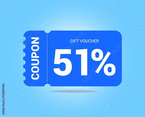 51% coupon promotion sale. Fifty one percent Vector Gift Voucher. Blue discount, lucky ticket, special offer promo. Web, shopping label, percent sign. Special price offers.