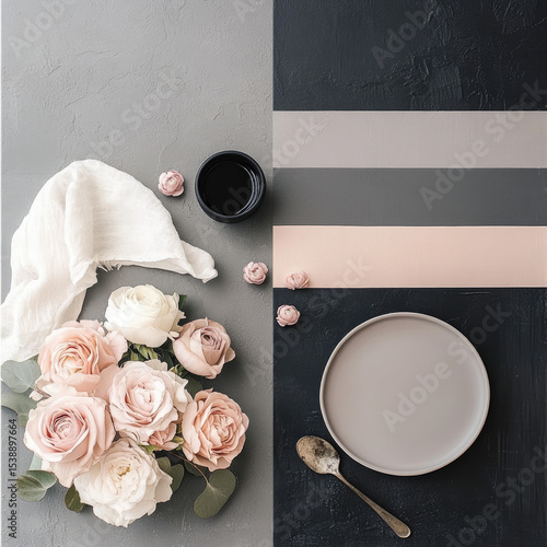 Vase with white flowers in silver-black, vanilla palette. Stylish composition, modern interior design, illustration, sketch for a postcard.
