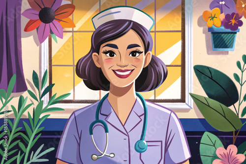 nurse standing with a reassuring smile in a hospital setting, symbolizing compassion, healthcare support, patient care, and professional medical service