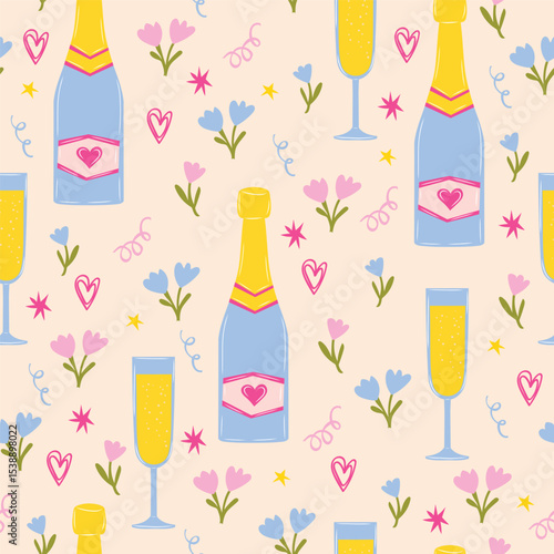 Seamless vector pattern with champagne glasses and bottle, confetti, flowers, and hearts Pastel color cute girly birthday party background.
