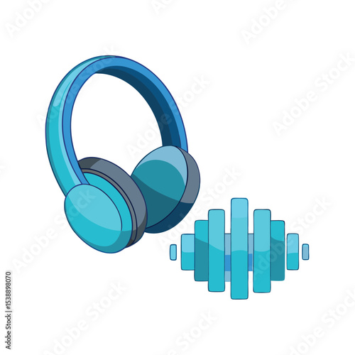 Stylish blue headphones and audio waveform representing sound in a vector illustration