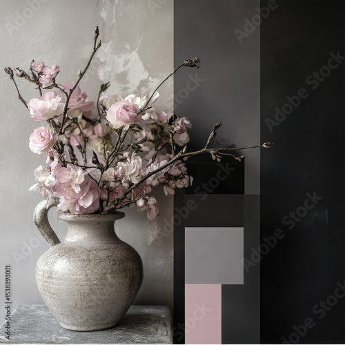 Vase with white flowers in silver-black, vanilla palette. Stylish composition, modern interior design, illustration, sketch for a postcard.