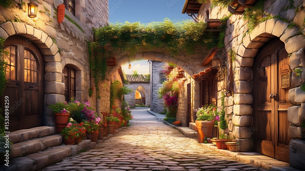 Fototapeta premium Charming Medieval Town Scene Cobblestone Street with Archway, Lush Greenery, Stone Buildings, Warm Evening Light, and Picturesque European Village Ambiance
