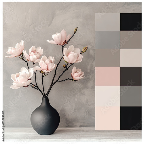 Vase with white flowers in silver-black, vanilla palette. Stylish composition, modern interior design, illustration, sketch for a postcard.