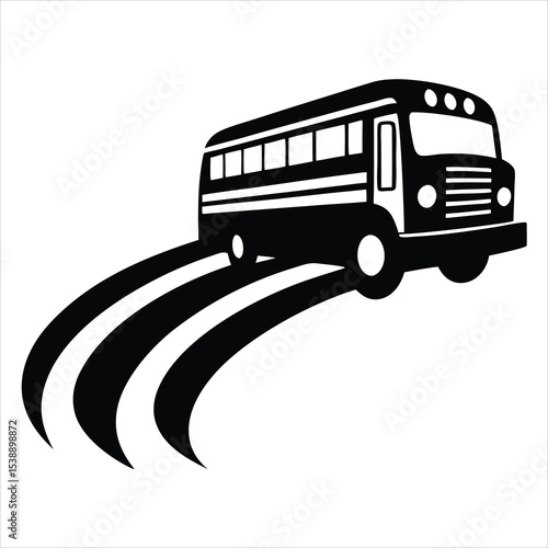 Black and white bus vector illustration driving on a wavy road or hill for travel and transport concept