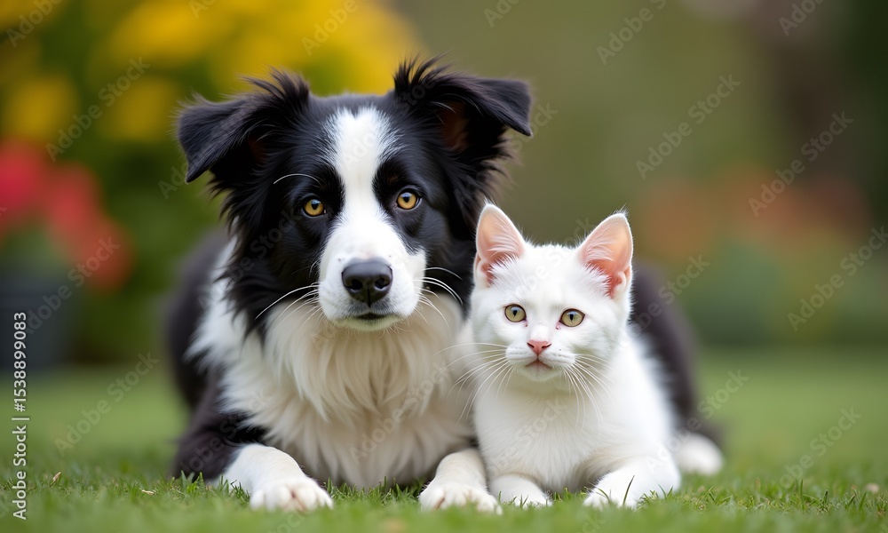Alert Border Collie and Pure White Kitten Gazing Happily in a Blurred Garden with Copy Space Alert Border Collie and Pure White Kitten Gazing Happily in a Blurred Garden with Copy Space