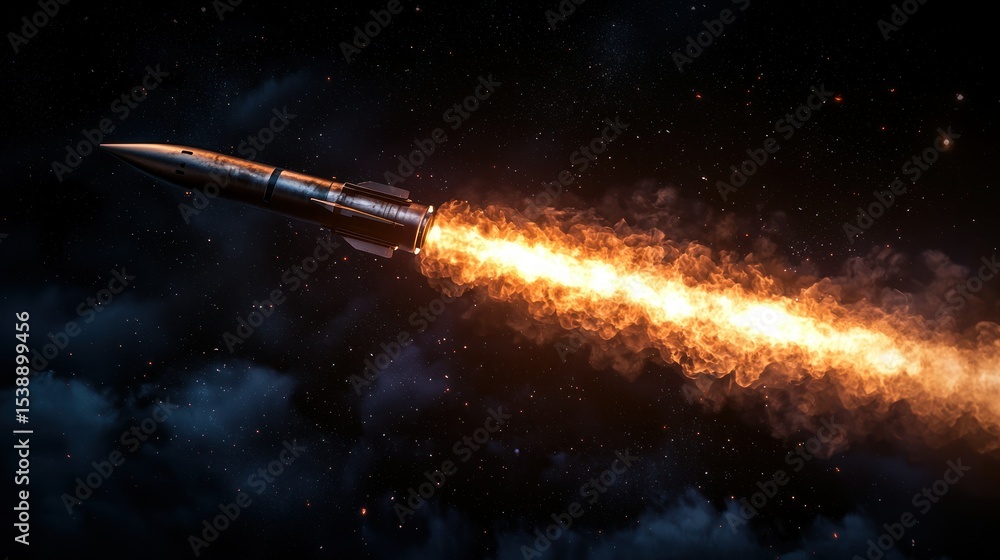 Fototapeta premium Missile in fiery launch, space backdrop