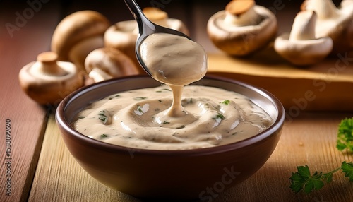 creamy homemade mushroom dipping sauce taking with a spoon close up