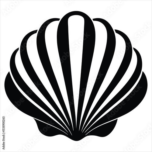 Black and white vector illustration of a scallop seashell icon in a minimalist fanned book page style