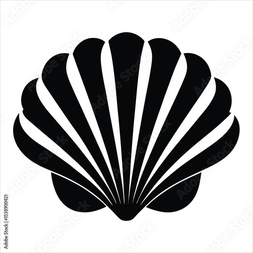 Black and white vector illustration of a scallop seashell icon in a minimalist fanned book page style