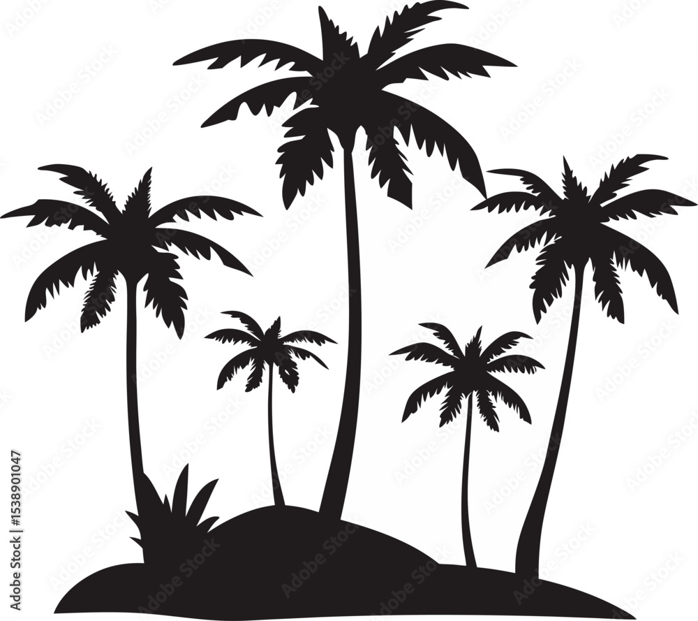 Fototapeta premium Silhouette of tropical palm trees on a small island depicting a peaceful and relaxing coastal scene perfect for vacation destinations