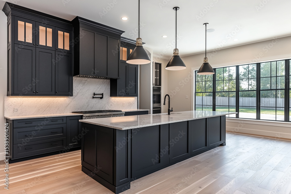 custom made wallpaper toronto digitalModern minimalist kitchen with matte black cabinets, marble countertop, and hanging pendant lights, clean and uncluttered.