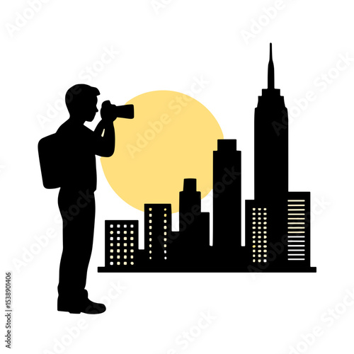 Silhouette of a photographer shooting city skyline during sunset for Photographer's Day  